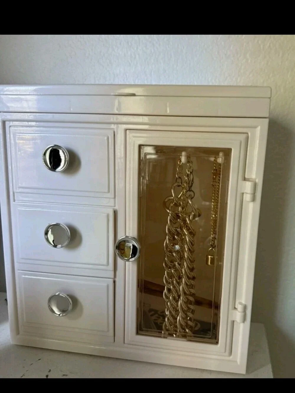 White Jewelry Organizer Cabinet with Drawers and Mirror